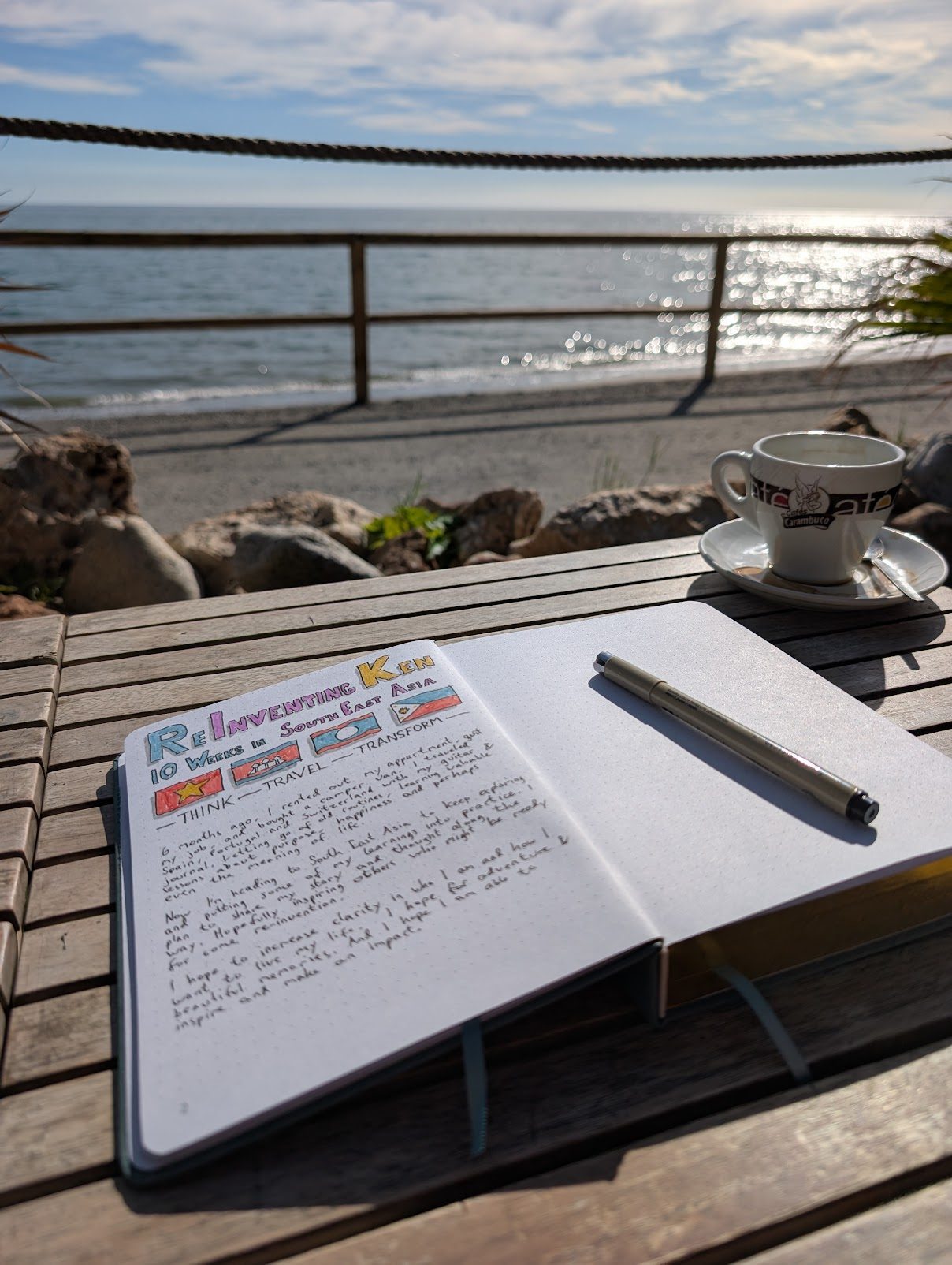Journal open on table by the beach