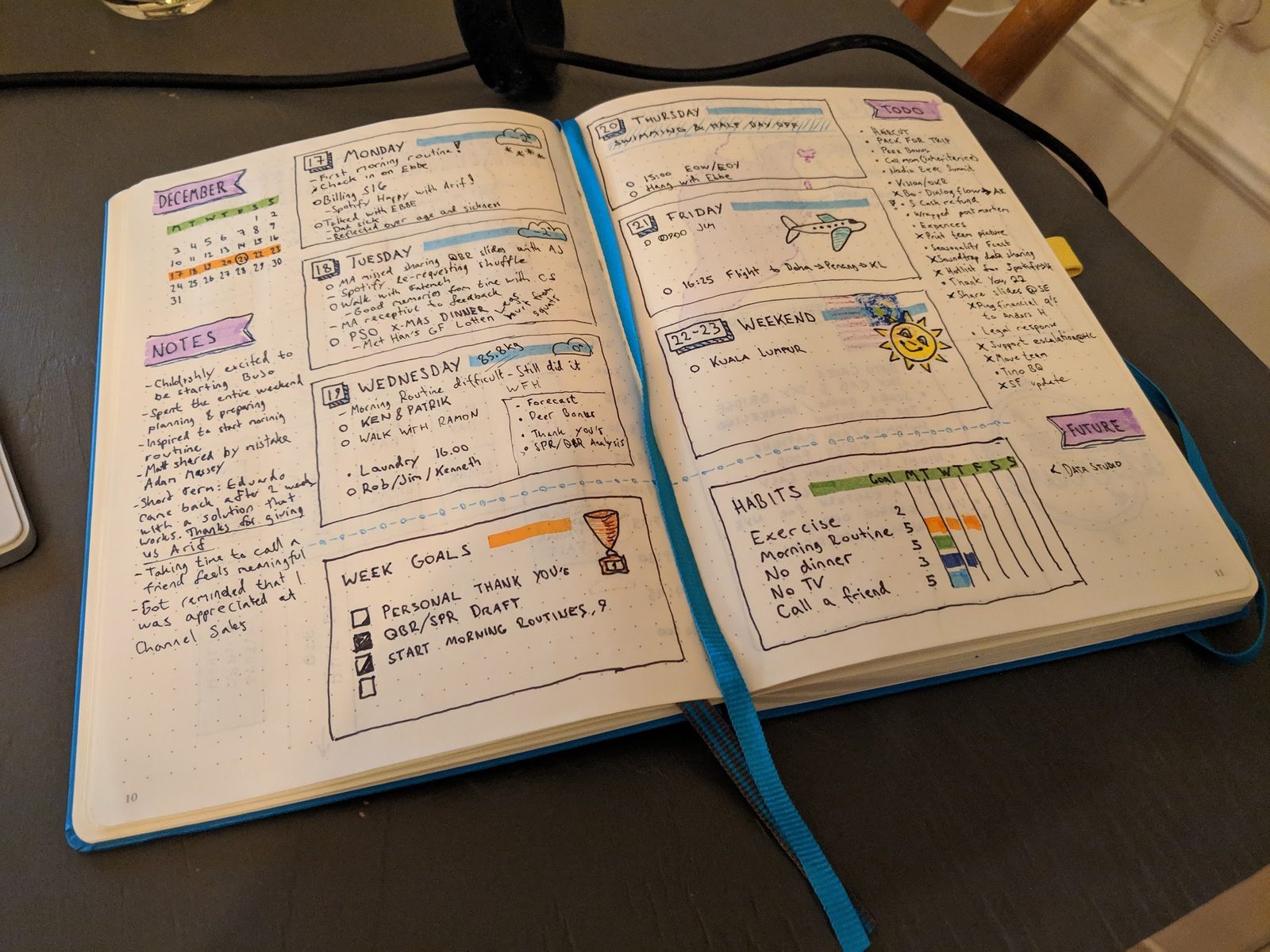 Weekly bullet journal spread with drawings